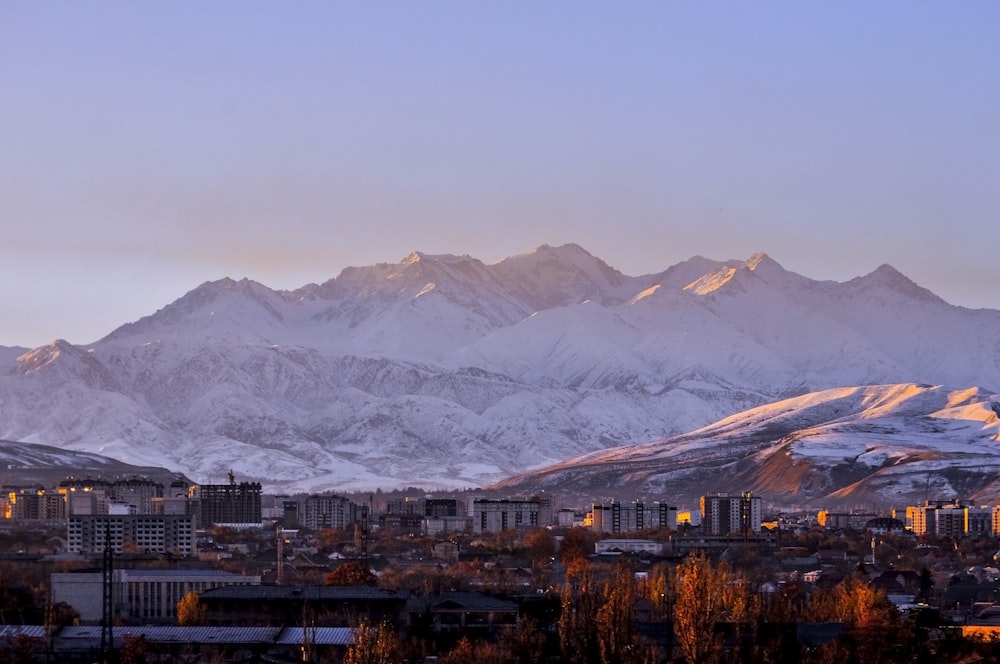 a view of a city with mountains in the background