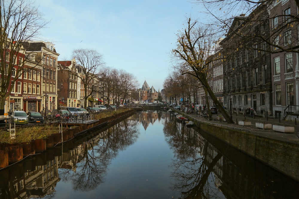 a river running through a city next to tall buildings