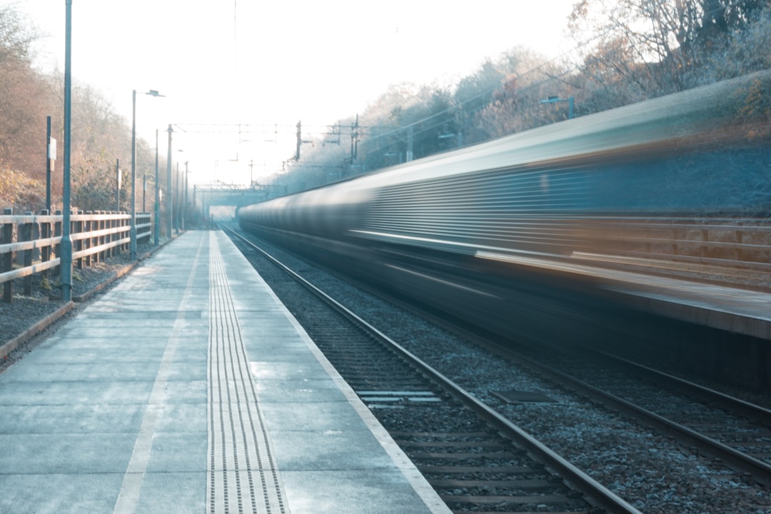 a train traveling down train tracks next to a forest,