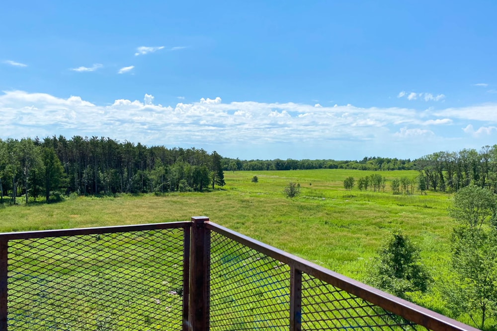a view of a grassy field from a balcony