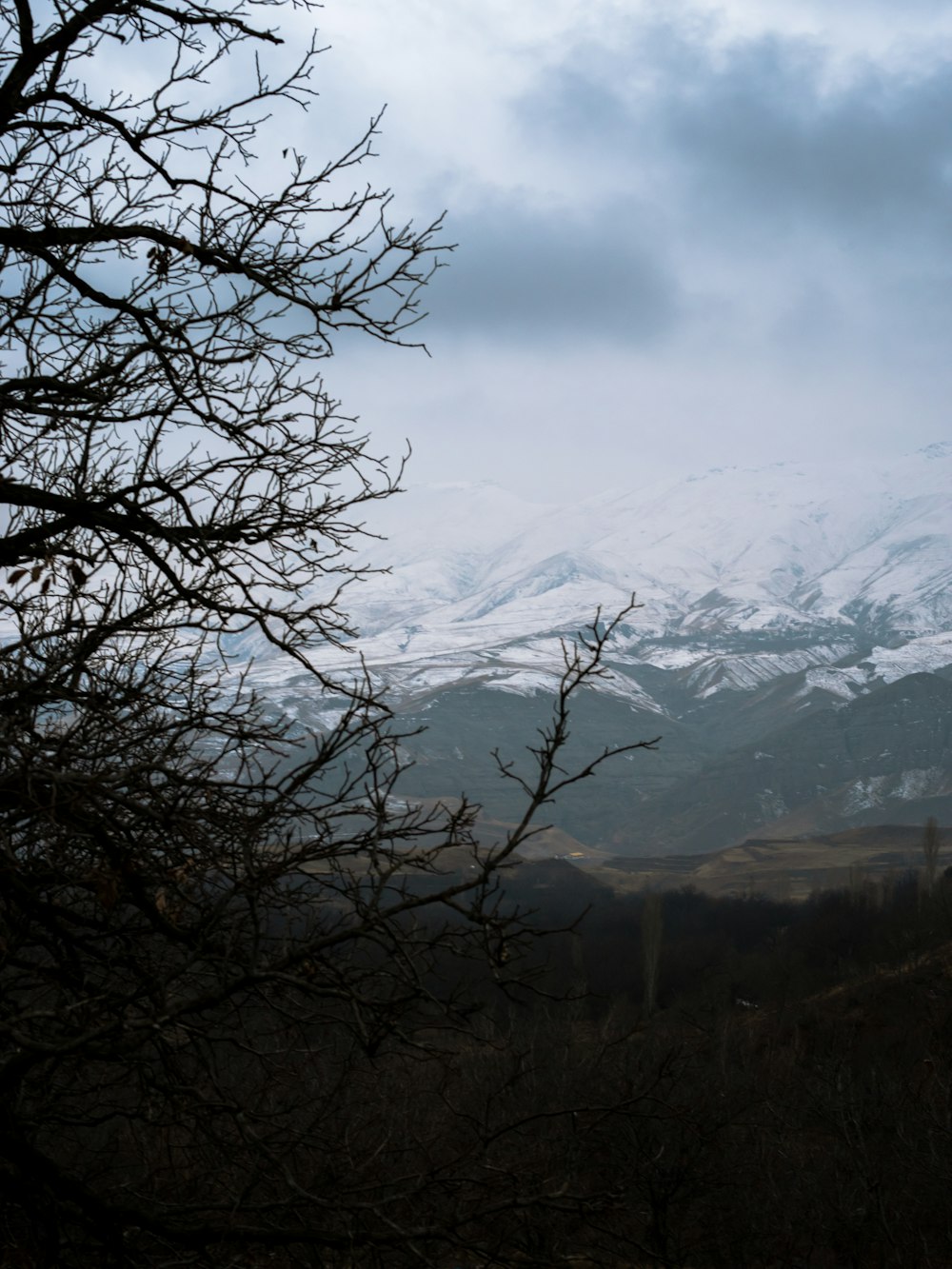 a view of a snowy mountain range from a distance