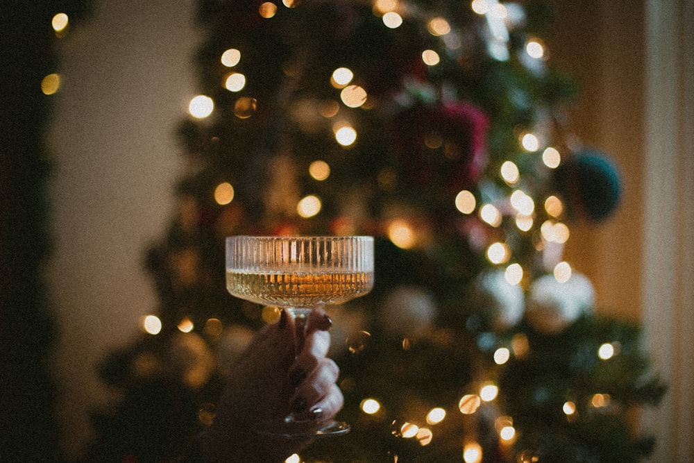 a person holding a wine glass in front of a christmas tree