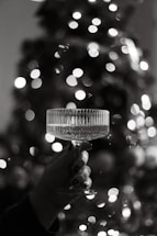 A hand holds a delicate crystal glass filled with a transparent liquid against a backdrop of blurred, glowing lights. The elegant features of the glass stand out in the soft monochrome palette.
