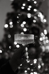 A hand holds a delicate crystal glass filled with a transparent liquid against a backdrop of blurred, glowing lights. The elegant features of the glass stand out in the soft monochrome palette.