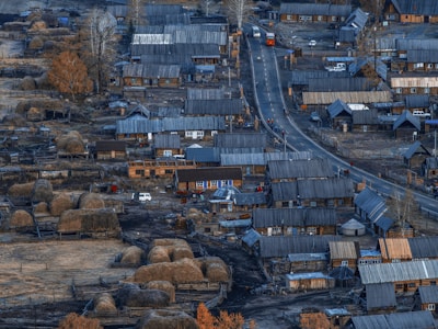 An overhead view of a rural village featuring numerous wooden houses clustered alongside a winding road. Around the houses are haystacks and bare trees, giving an impression of a late autumn or early spring scene. The colors are muted, with a dominance of browns and grays.