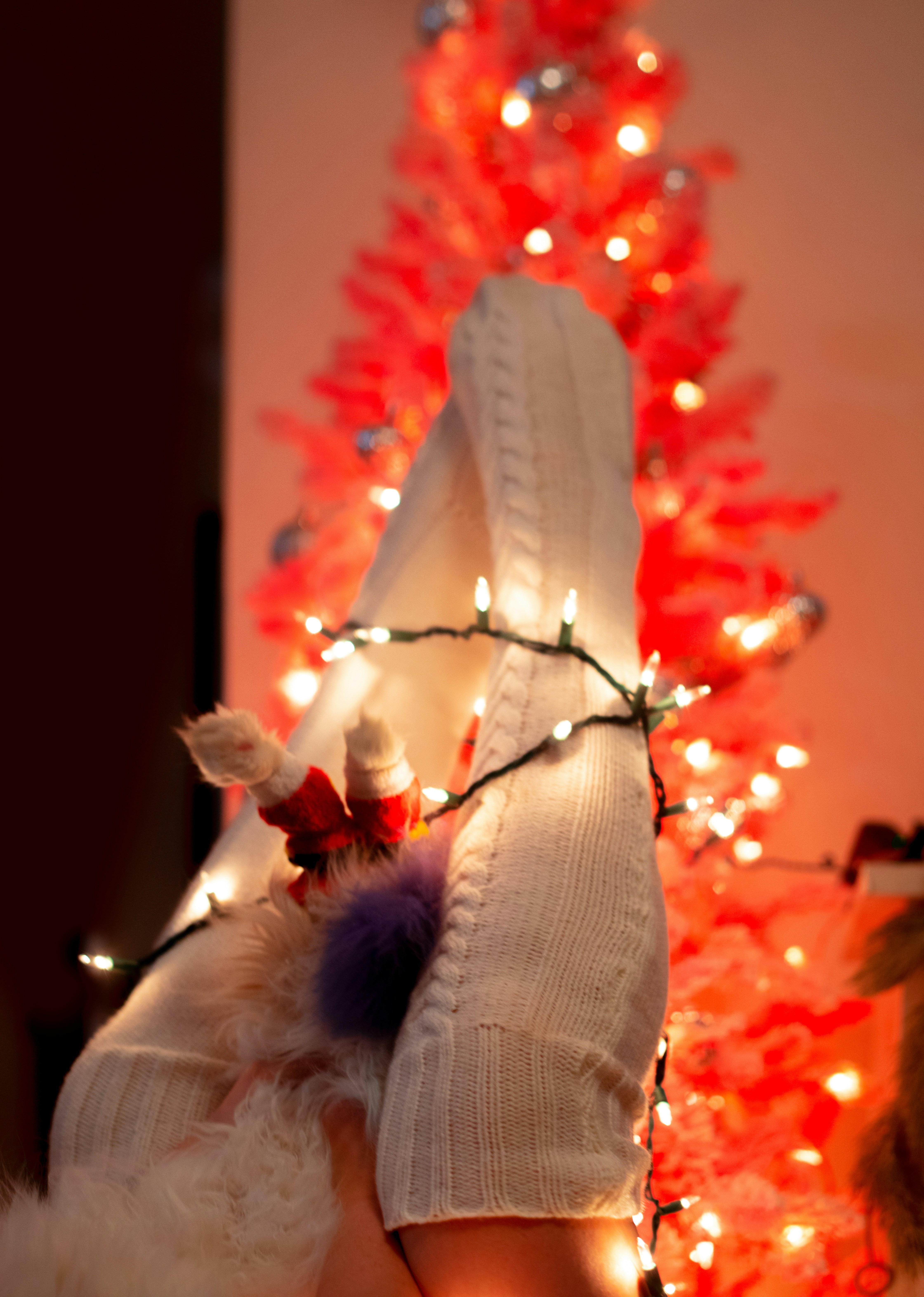 a woman's legs with a christmas tree in the background