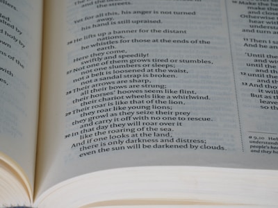 An open book displaying text on two pages. The content appears to be printed in a poetic format, with verse numbers on the left side of each line. The pages are light-colored, and the text is in a black serif font. The book is opened wide, revealing the curvature of the spine.