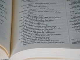 An open book displaying text on two pages. The content appears to be printed in a poetic format, with verse numbers on the left side of each line. The pages are light-colored, and the text is in a black serif font. The book is opened wide, revealing the curvature of the spine.