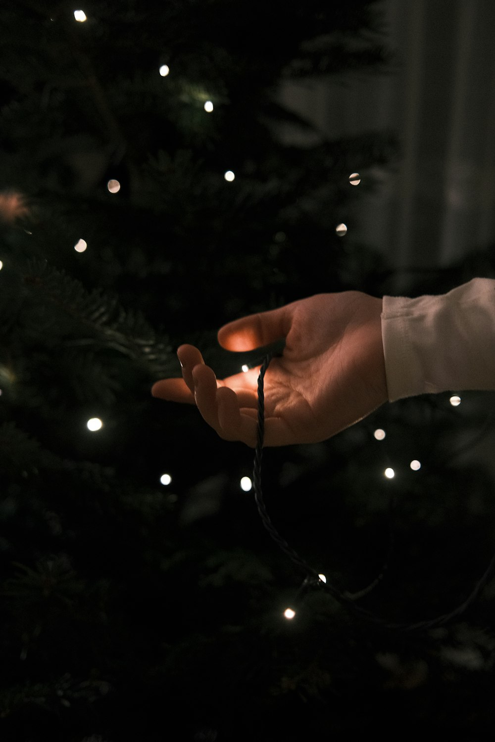 a hand holding a string of lights in front of a christmas tree