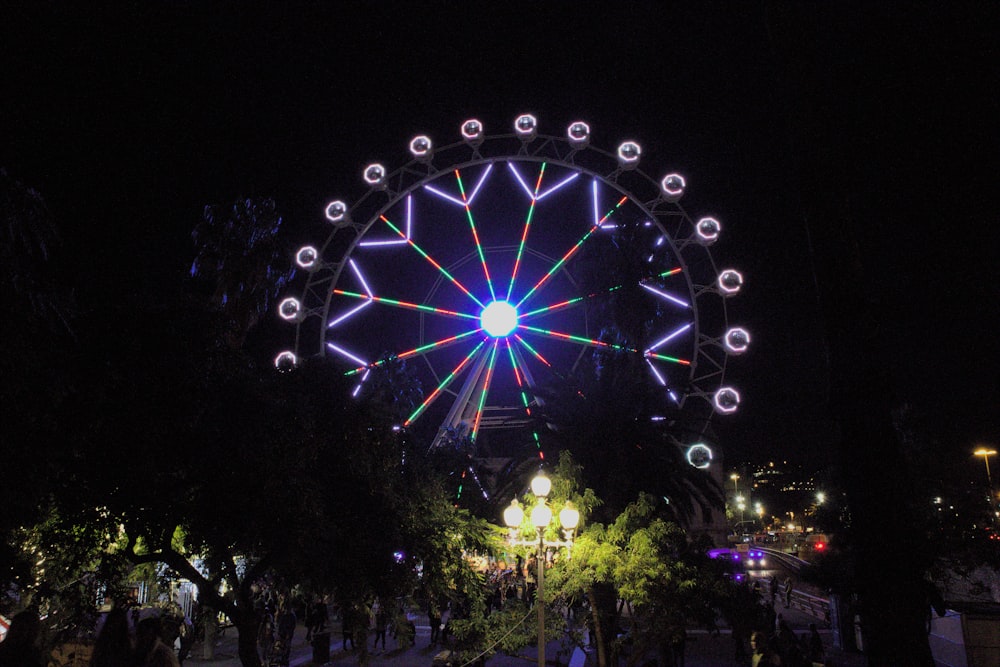 a large ferris wheel lit up at night