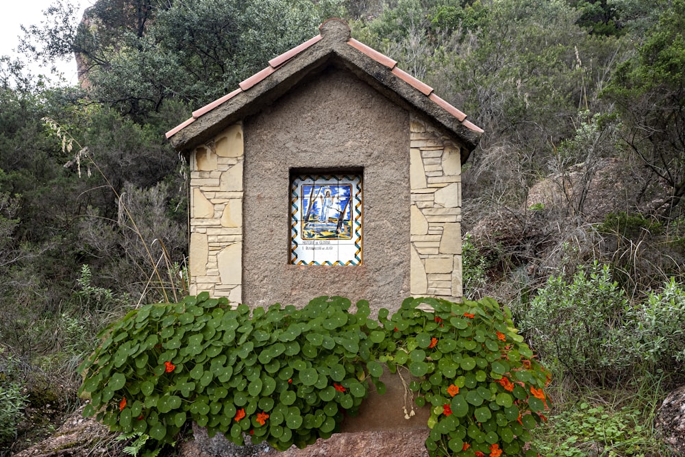 a small house with a stained glass window