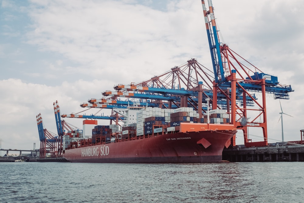 a large cargo ship docked at a dock