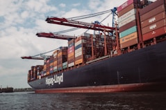 A large cargo ship is loaded with multiple shipping containers stacked high. Cranes labeled 'Terminal Burchardkai' are positioned above, suggesting the loading or unloading process is underway. The ship is sailing through a body of water with a cloudy sky overhead. The containers are colorful and bear various company logos.