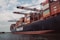 A large cargo ship is loaded with multiple shipping containers stacked high. Cranes labeled 'Terminal Burchardkai' are positioned above, suggesting the loading or unloading process is underway. The ship is sailing through a body of water with a cloudy sky overhead. The containers are colorful and bear various company logos.