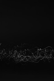 A series of thin, white lines create a chaotic, wave-like pattern against a solid black background. The lines intertwine and overlap, resembling an abstract visualization of sound waves or light trails.
