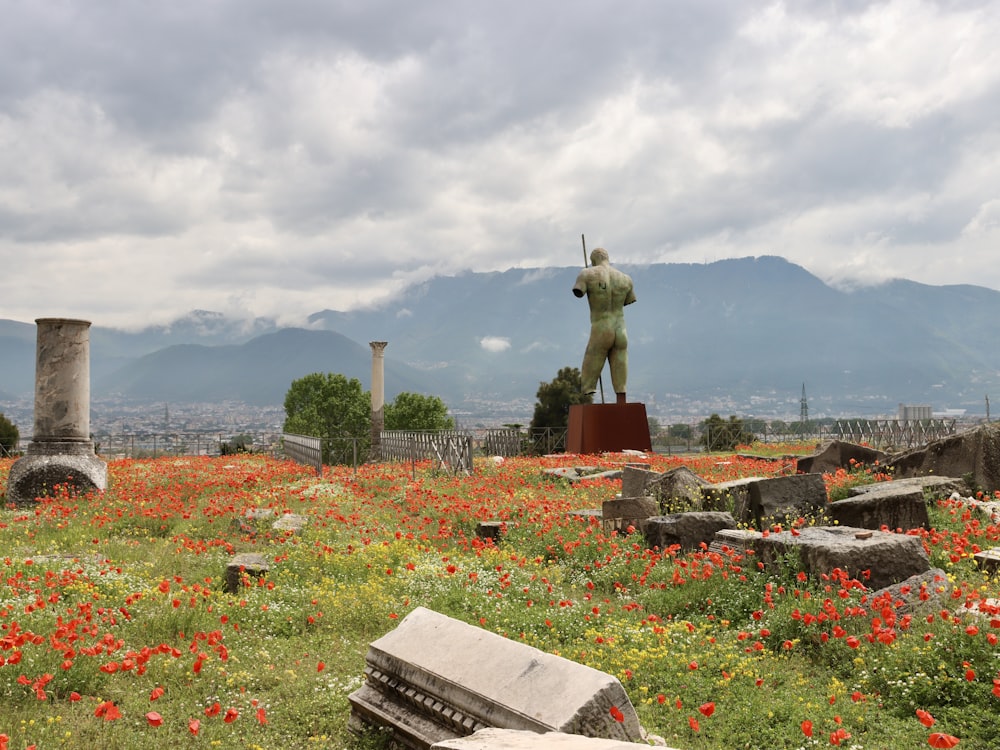 a statue in a field of flowers with mountains in the background
