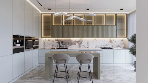 Marble kitchen with bar stools
