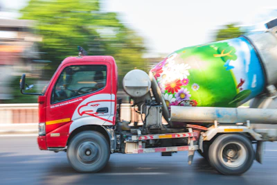 Concrete mixer truck delivering fresh concrete in a residential neighborhood.