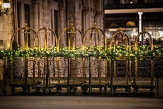 Ornate black metal railings are decorated with a garland of greenery and small lights. Behind the railings, there are brass luggage carts arranged in a row. The setting is likely a hotel entrance, featuring a stone facade with large windows.