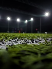 Close-up of lush green artificial turf with cricket ball and bat resting on it under bright floodlights.