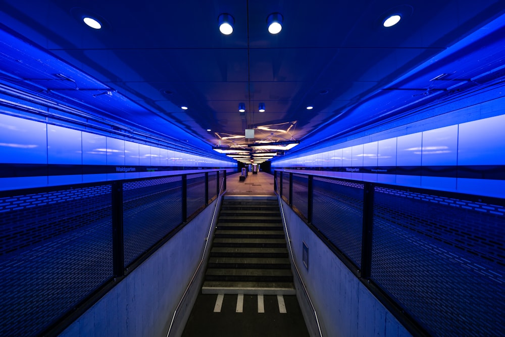 a blue tunnel with stairs leading up to it