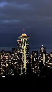 Digital shield icon overlaying a city skyline at night symbolizing protection.