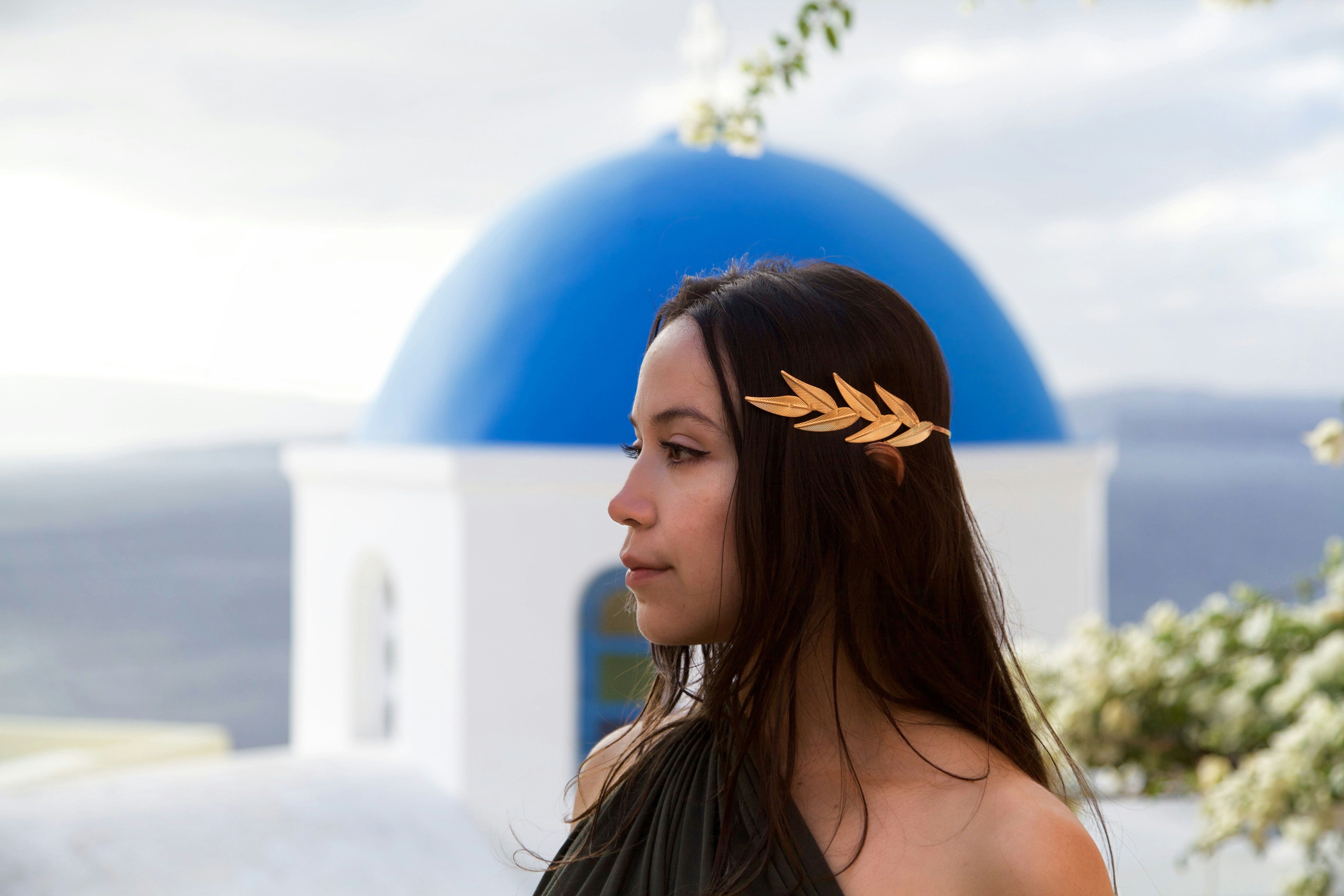 a woman with a gold hair pin in her hair