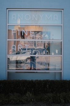 Glass windows display bold lettering spelling out 'Anonyma Fine Art,' accompanied by a reflective view of a nearby street scene with a parked car. The reflection includes a tree and a person taking a photo, creating an intriguing juxtaposition of art, architecture, and urban life.