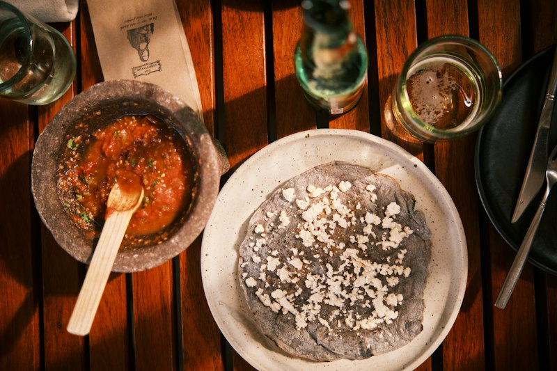 Oaxacan food, bowl on wooden table