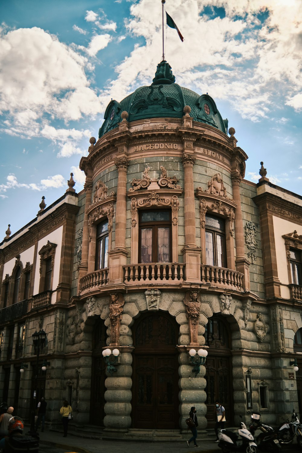 a large building with a flag on top of it