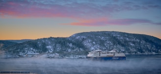 A scenic view of the ship sailing through calm waters.
