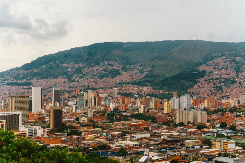 a view of a city with mountains in the background