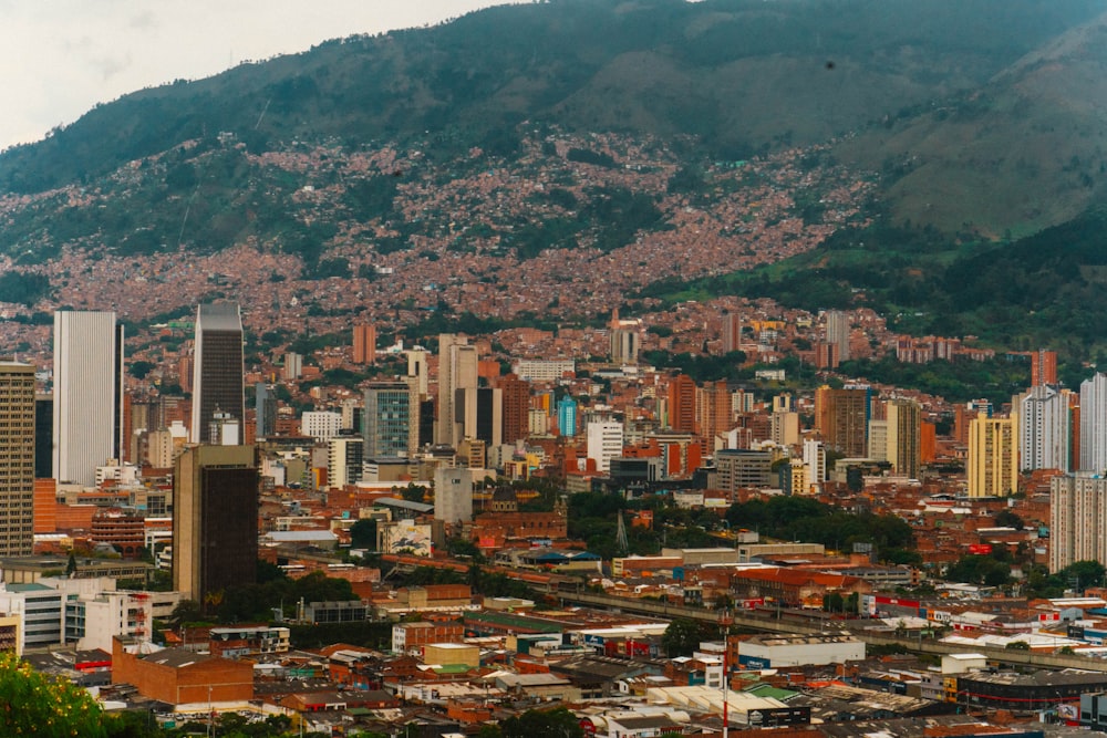 a view of a city with mountains in the background