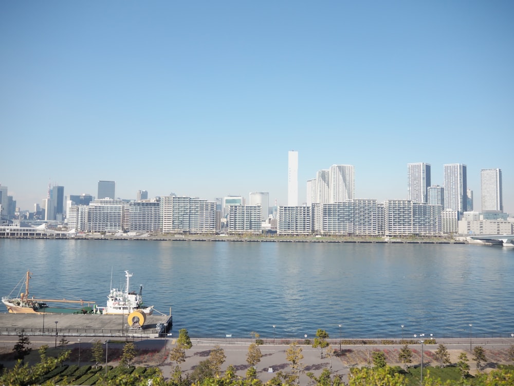 a large body of water with a city in the background