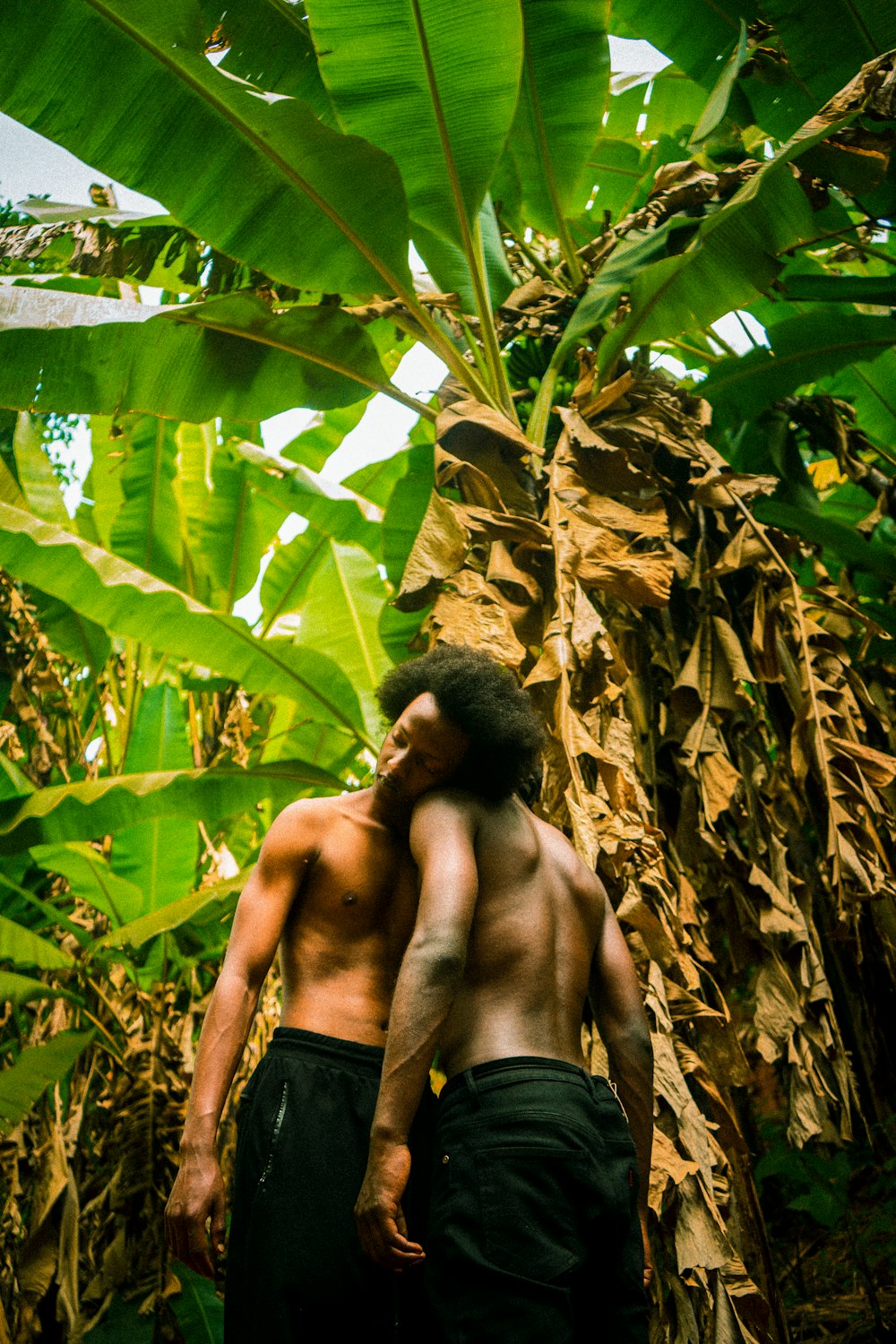 a couple of men standing next to each other in a forest