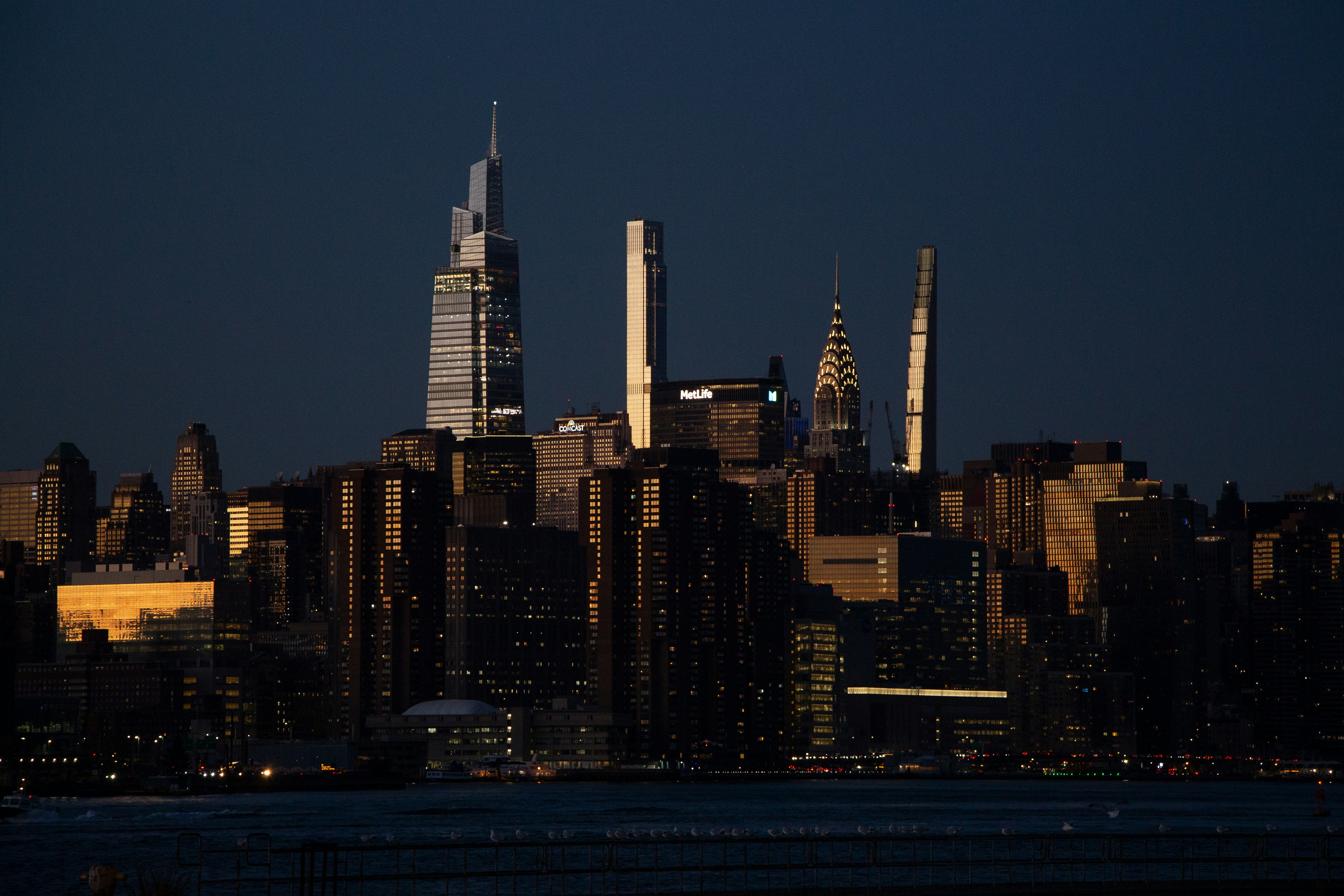 a view of a city skyline at night