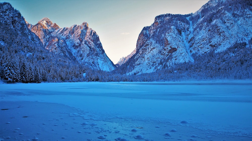 a snowy landscape with mountains in the background