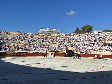 A crowded bullring with spectators dressed in white and red sitting on stadium-style seats, under a clear blue sky. Two mounted individuals can be seen in the arena, preparing for an event.