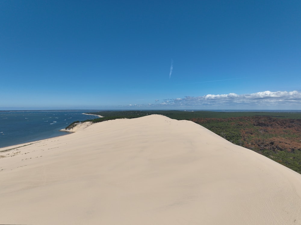 uma praia de areia com um corpo de água à distância