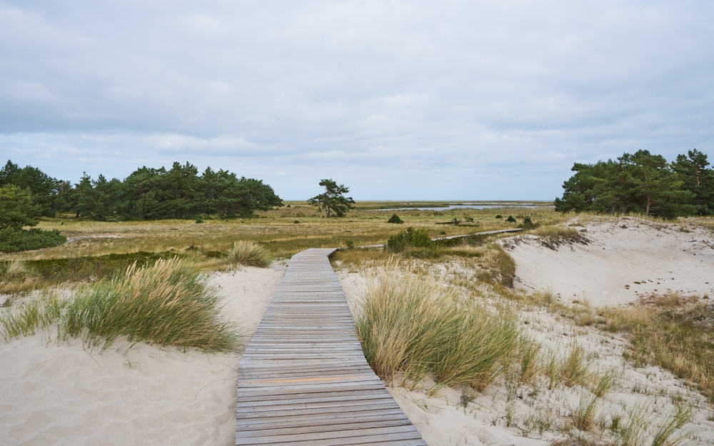 a wooden walkway leading to a sandy beach