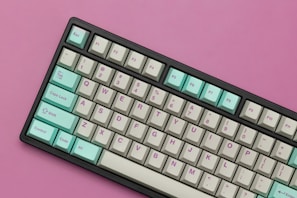 A mechanical keyboard with a sleek black frame and colorful keycaps. The keys are predominantly light gray with pastel blue for certain keys, like Escape, Control, and Alt. The keyboard rests on a vibrant pink background, contrasting with its cool-toned keys.