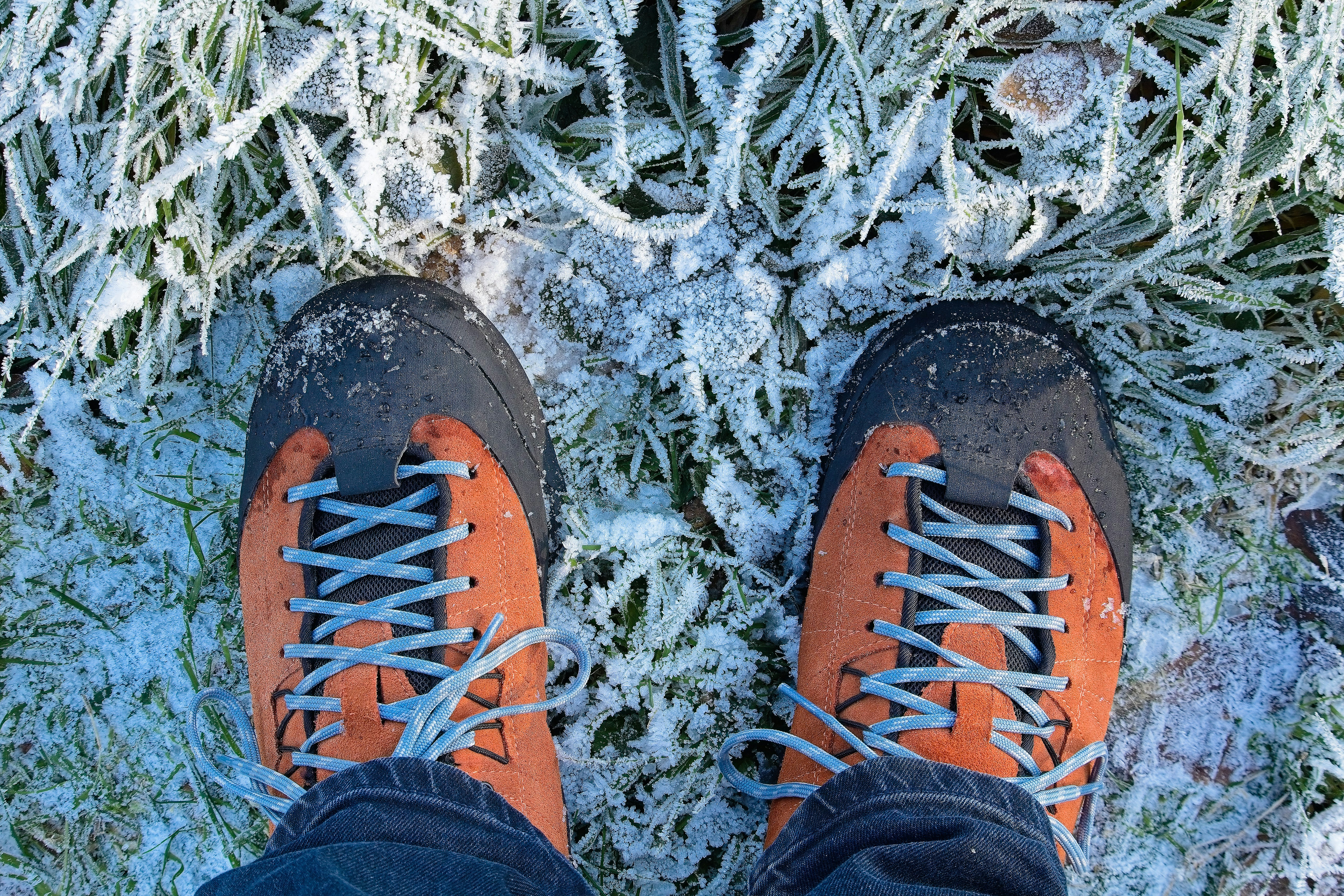 a person standing in the snow wearing hiking shoes