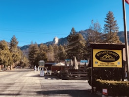 A small town street lined with trees and a clear sky. In the foreground, there is a sign for Idyllwild Realty and a 'no parking' sign. Mountains are visible in the background, and a person is walking down the street.