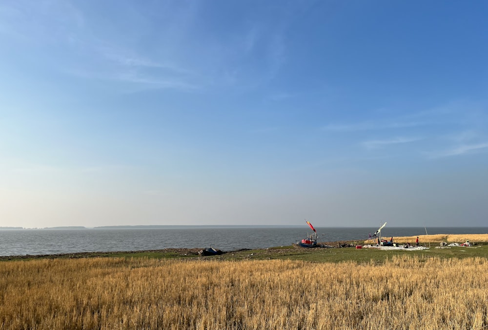 a field with a body of water in the background