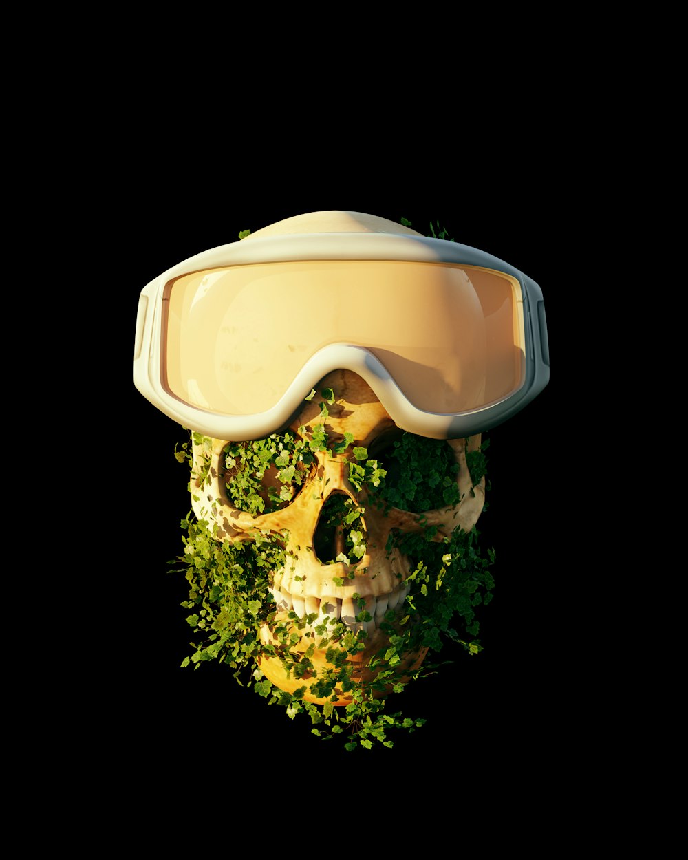 a skull wearing a goggles with a plant growing out of it