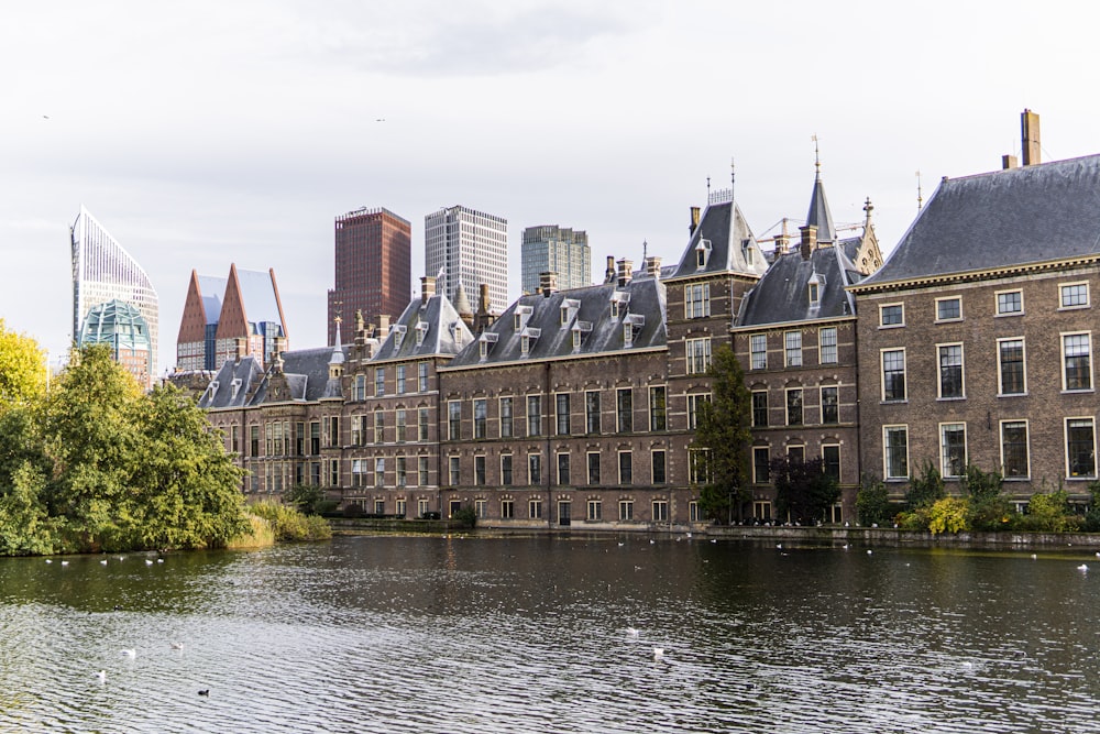 a group of buildings next to a body of water