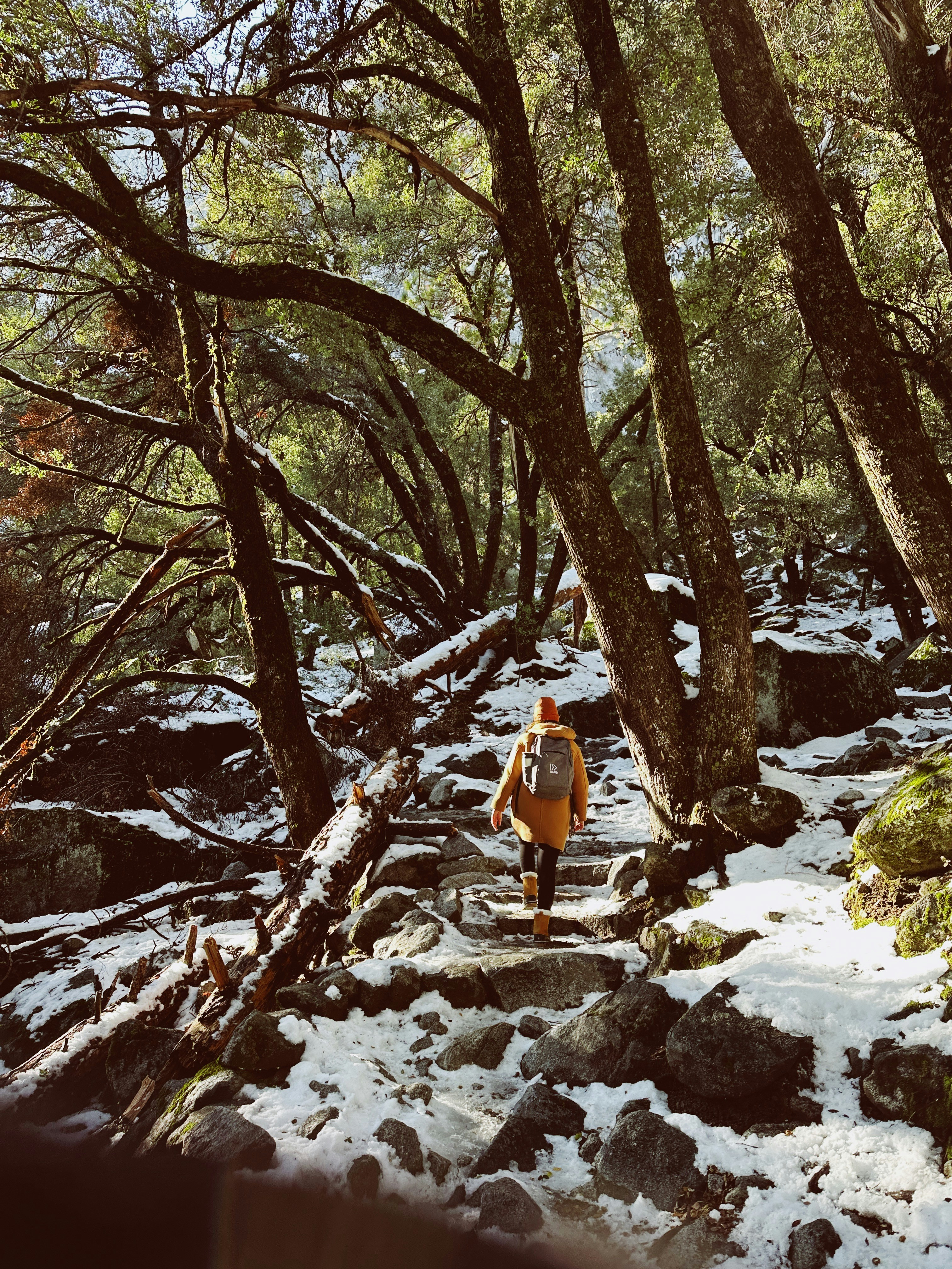 a man walking up a snow covered path in the woods
