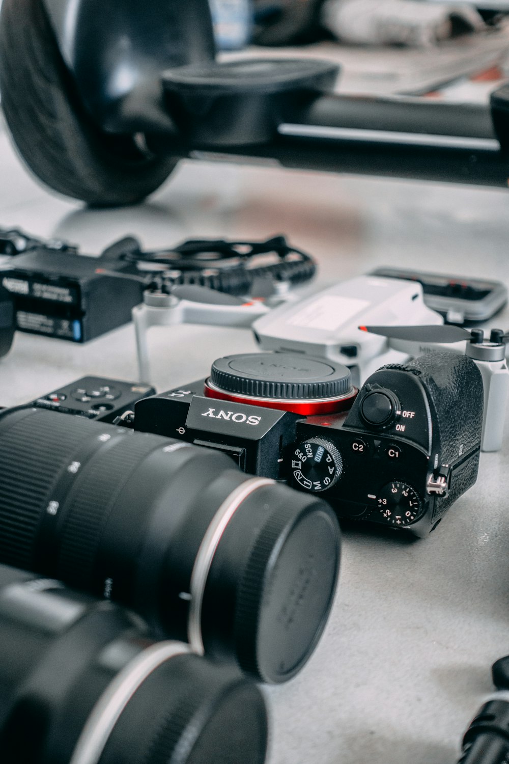 a group of cameras sitting on top of a table