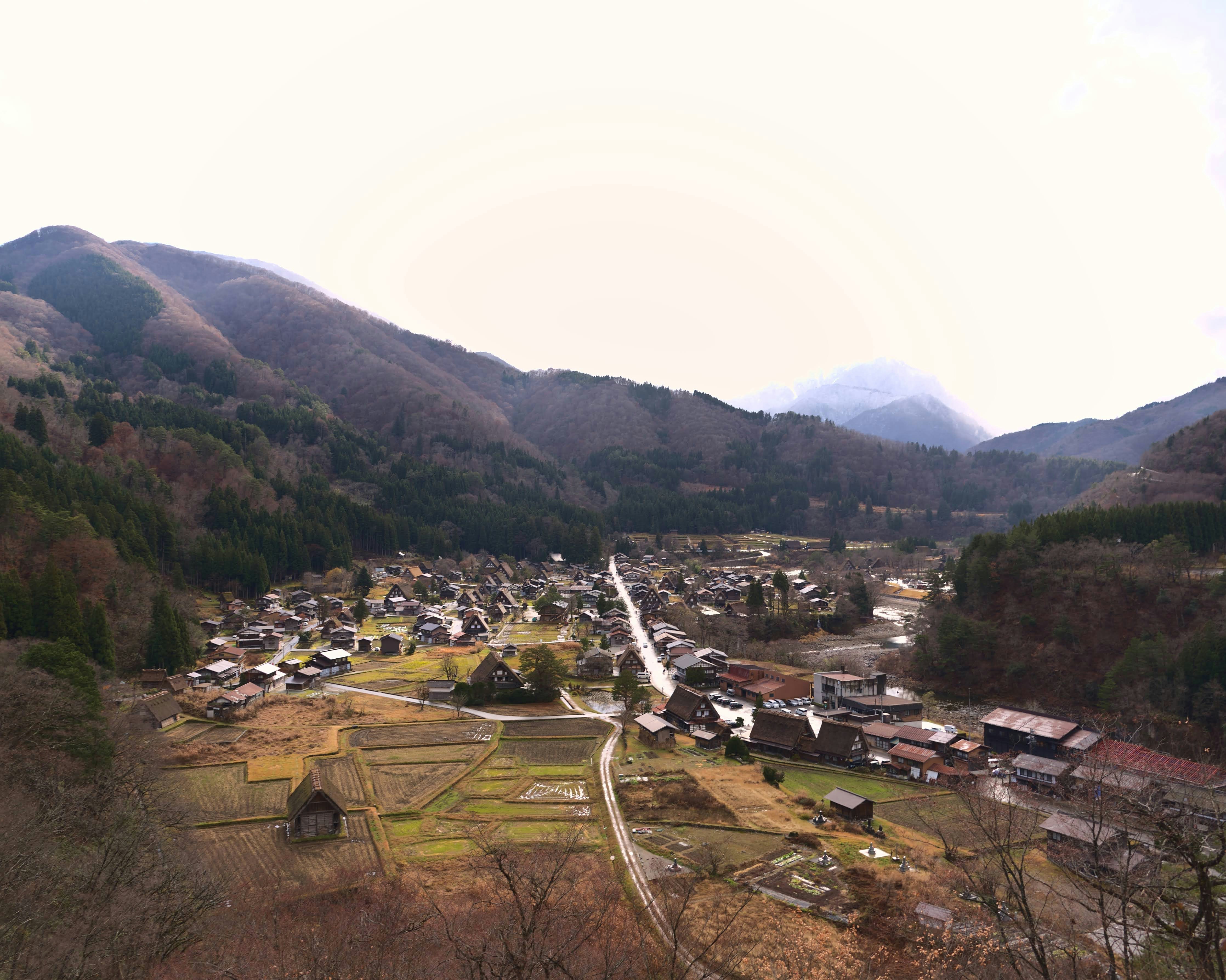 an aerial view of a village in the mountains