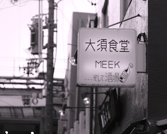 A grayscale photograph of a street sign with Japanese characters and the word 'MEEK' in English. The sign is attached to a wall and illuminated. Above the word 'MEEK,' there is an illustration of a bottle marked 'XXX.' The background features an urban setting with utility poles and wires.